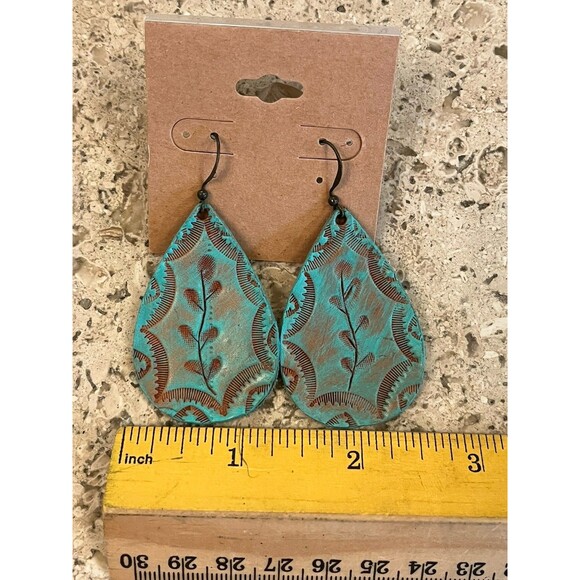 100% Leather Handmade Turquoise Floral Vine Dangle‎ Tear Drop Earrings - Picture 3 of 4